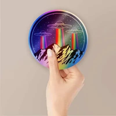 Ufo rainbow Holographic Stickers waterproof vinyl decal for laptop, bike, car & bottle