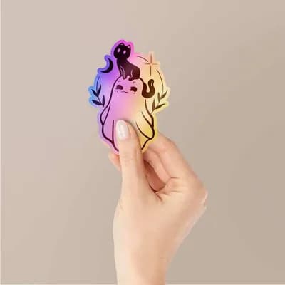 Cute Cat and Gost Holographic Stickers waterproof vinyl decal for laptop, bike, car & bottle