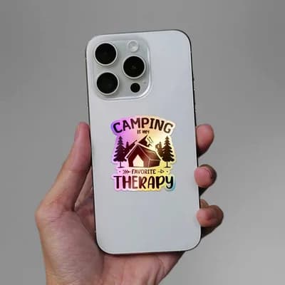Camping Is My Favorite Therapy Holographic Sticker waterproof vinyl decal for laptop, bike, car & bottle