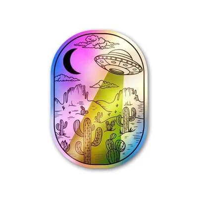 Spaceship In Desert Holographic Sticker waterproof vinyl decal for laptop, bike, car & bottle