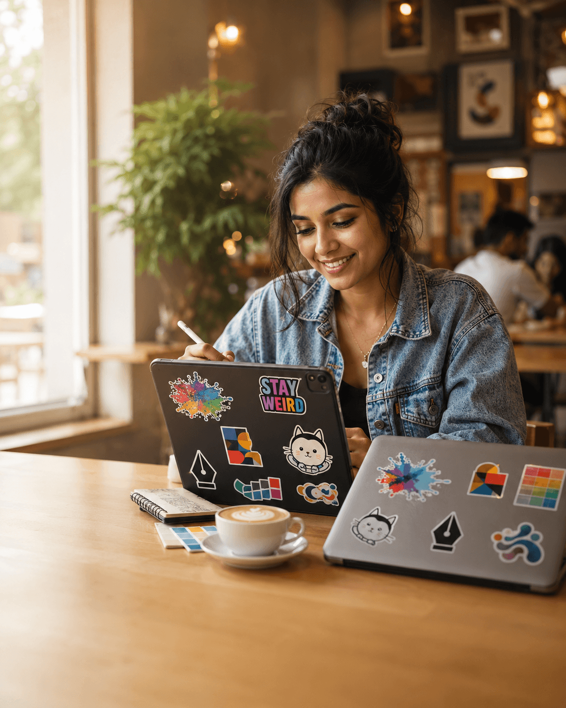 An Indian graphic designer in a cafe, her iPad and laptop covered in colourful artsy stickers.