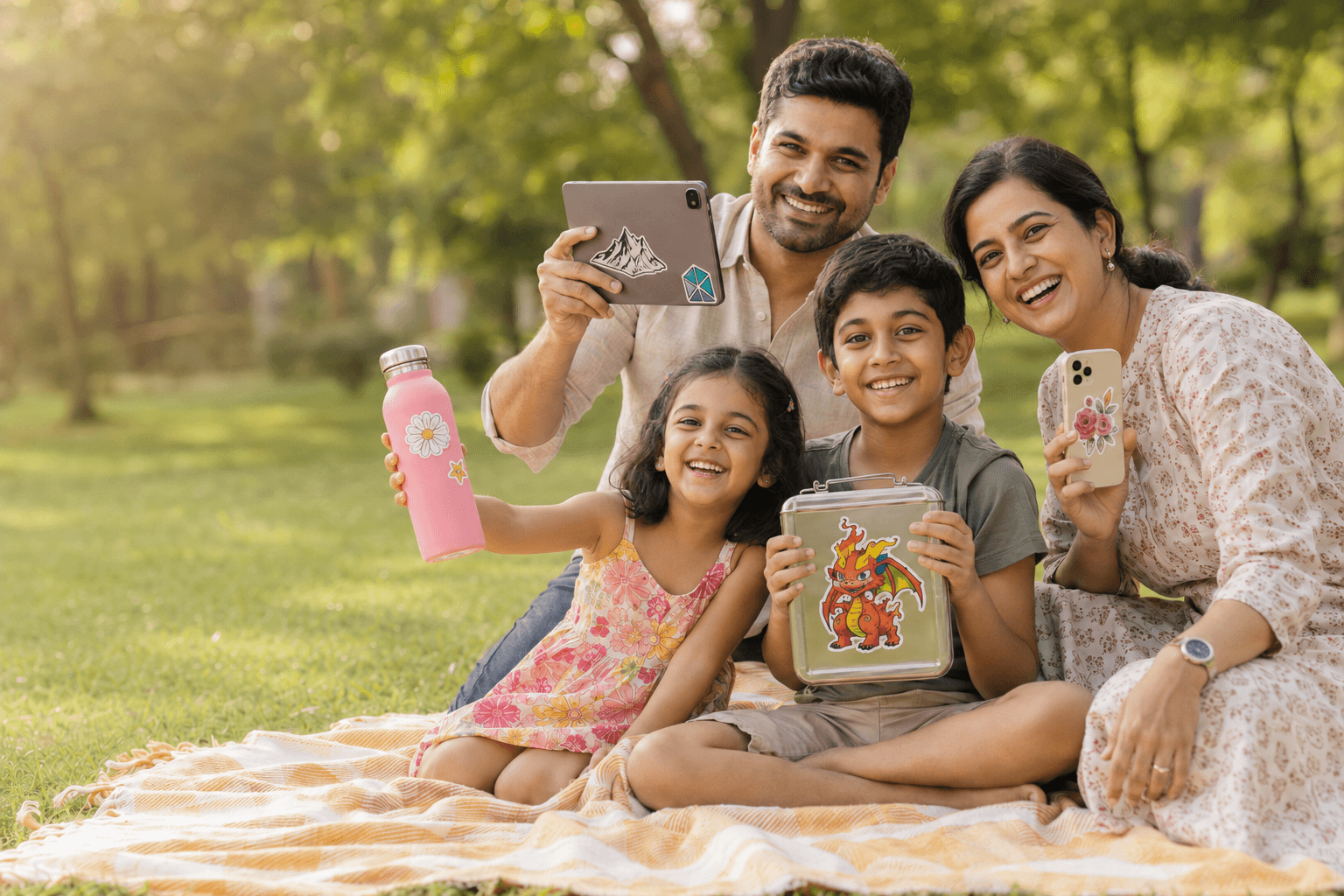 An Indian family outdoors on the grass, kids with stickers on a water bottle and lunchbox, parents with stickers on a tablet and phone.