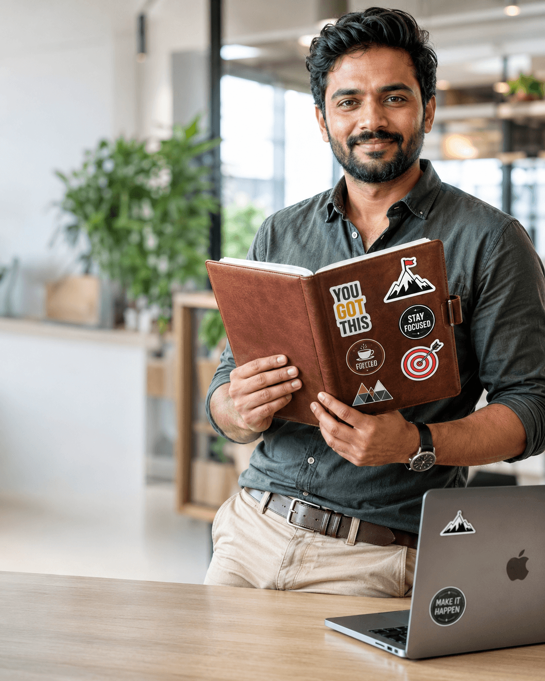A confident Indian team lead in a bright office holding a leather planner covered in motivational stickers.