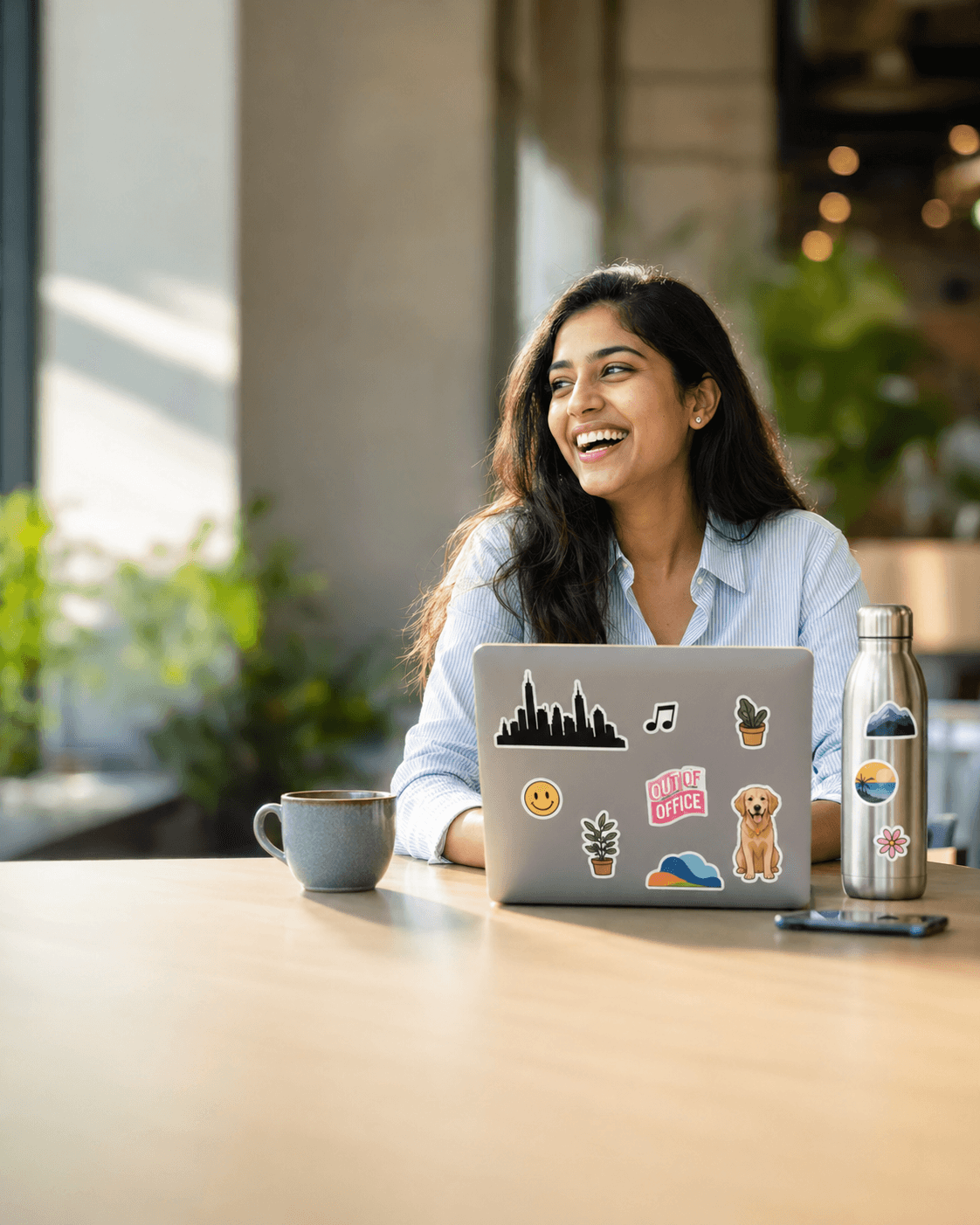 A young Indian office professional laughing, her laptop and steel water bottle covered in fun stickers.