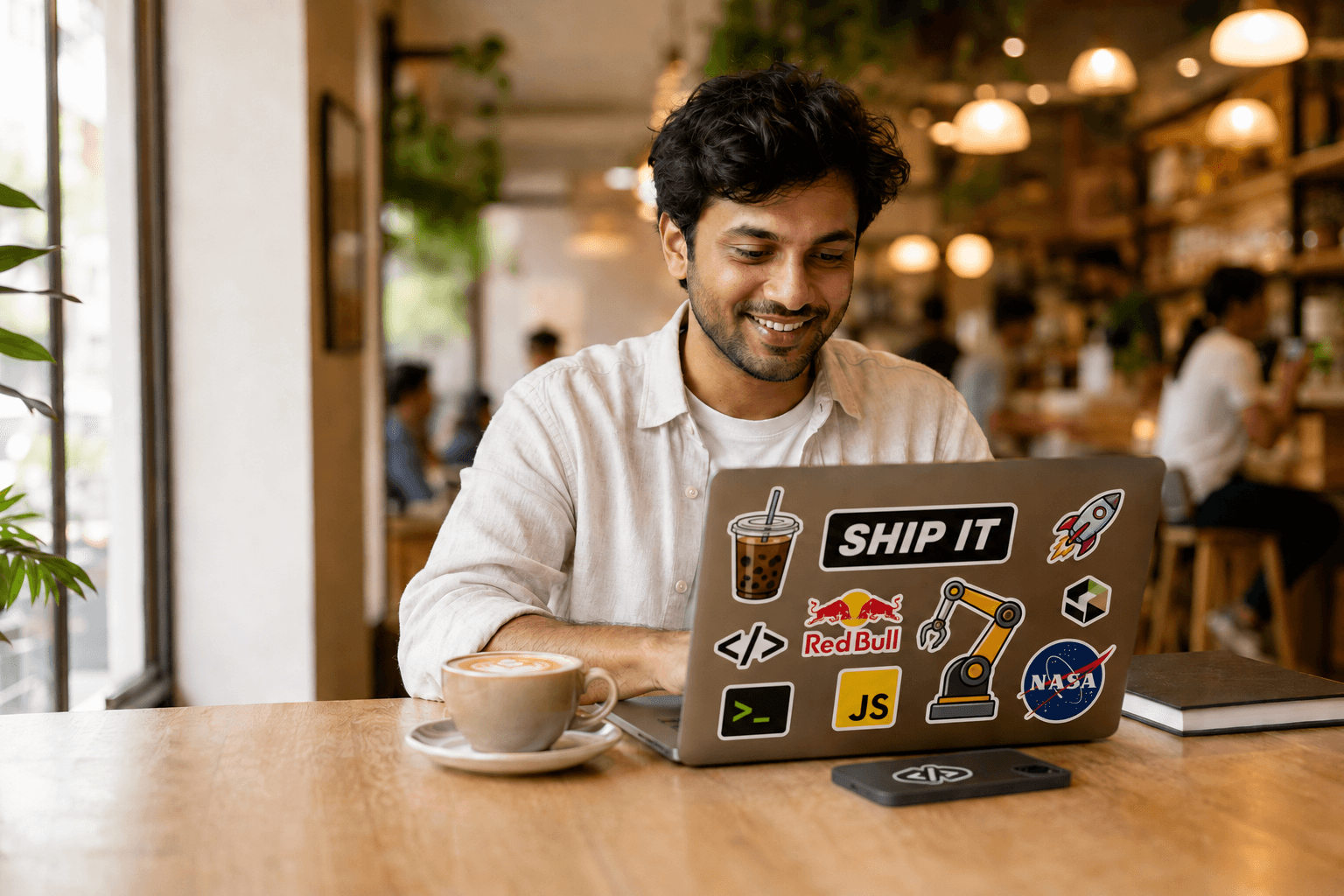 An Indian founder in a sunny cafe, their MacBook covered in startup and tech stickers.
